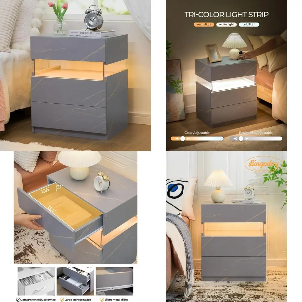 

Modern LED Nightstand with 3 Drawers - Acrylic Top, Bedside Table, Contemporary Design for Bedroom