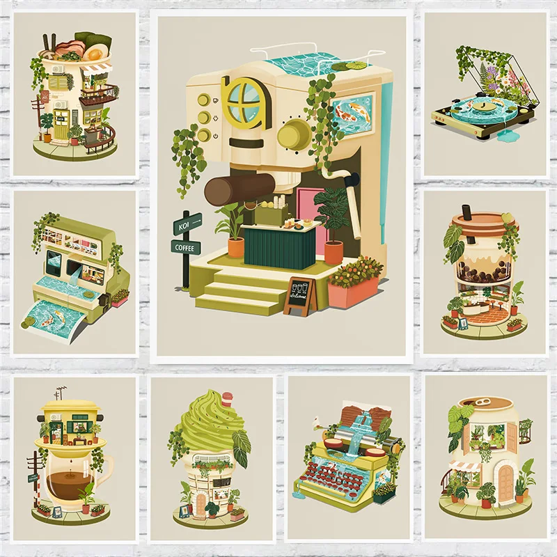 Coffee Shop Imagination Mushroom House Camera Soda Pop Drink Can Poster Print Wall Art Pictures Canvas Painting Room Home Dec