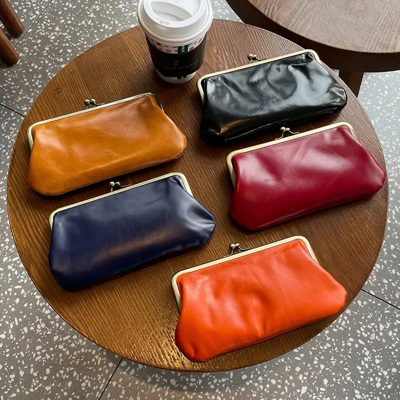 Vintage Leather Clip Purse Women's Long Clip Purse Clutch Bag Organizer Bag with Motor Oil Waxed Cowhide