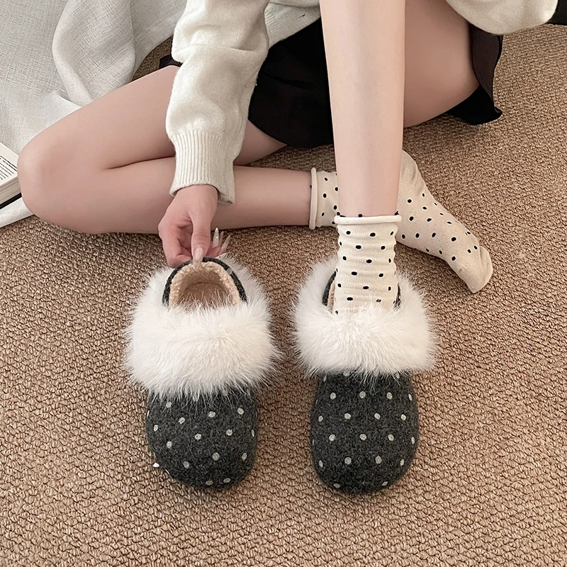 Retro-style Polka Dot Frayed Fuzzy Trim 2026 Autumn-winter Round-toe Slip-on Versatile Comfy Warm Cotton Shoes
