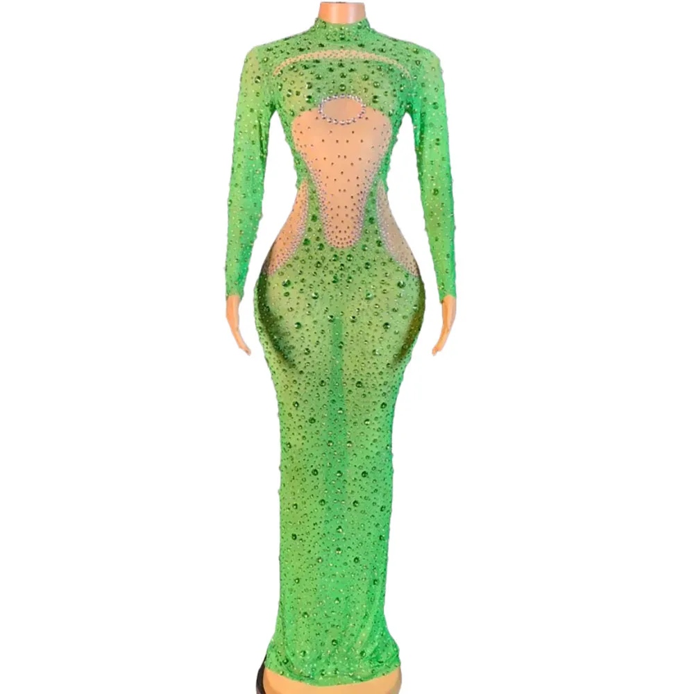 

Women's Dress, Nightclub Party Attire, Green Water Diamond Elastic Mesh Wrap Buttocks Long Dress, European and American Style