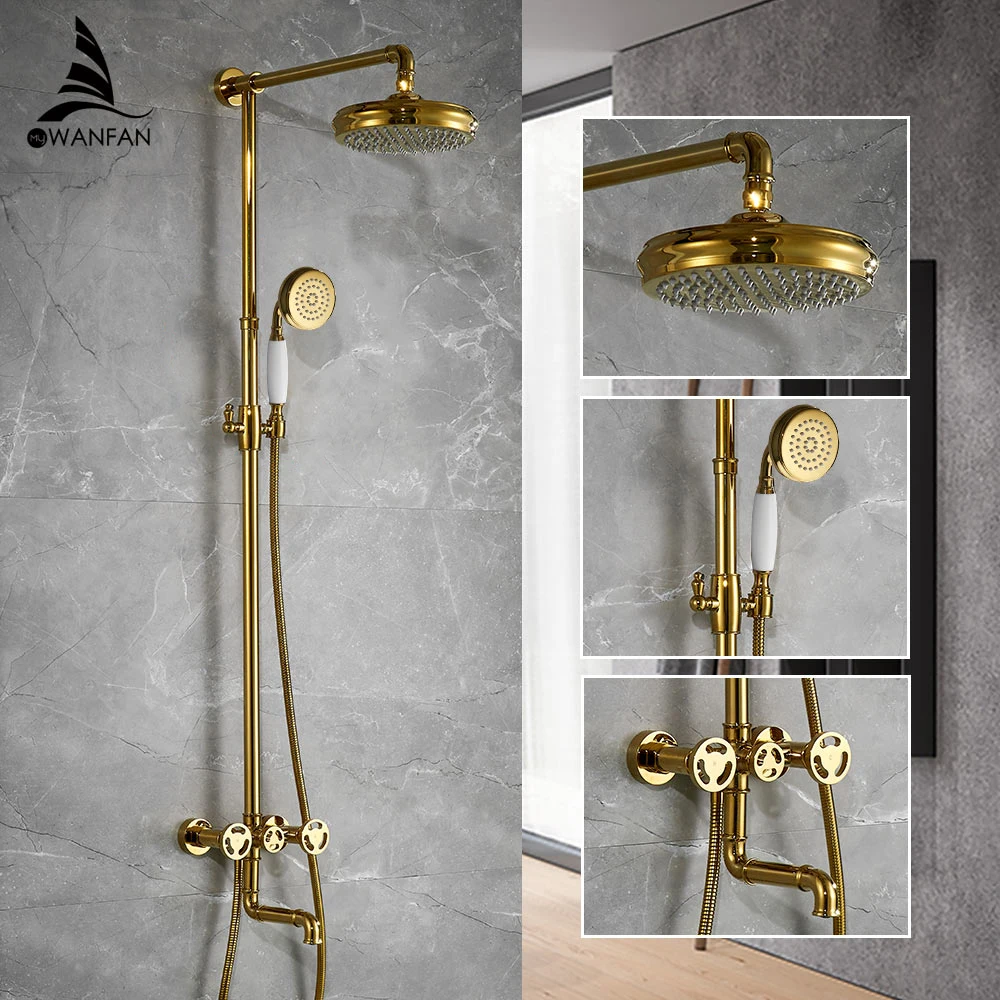 

Shower Faucets Matte Gold Bathtub Faucet Round Tube Triple Handle Top Rain Shower With Slide Bar Wall Water Mixer Tap