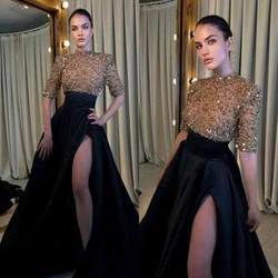 Elegant Women Evening Dress Half Sleeve Sequined High Neck Black Satin Floor Length Luxury Gown A-Line Vestidos De Graduación