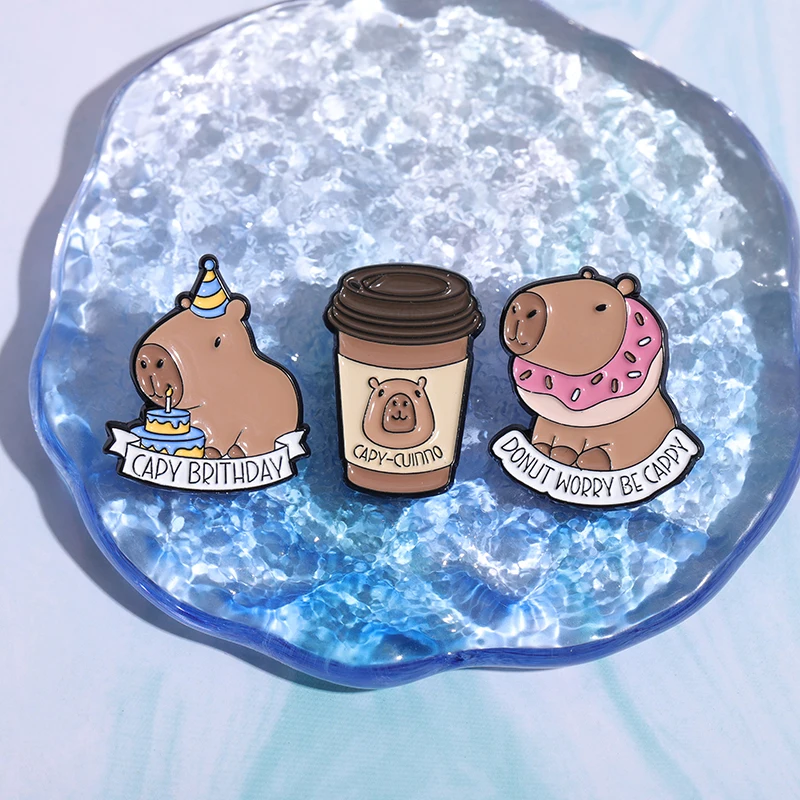 Donut Worry Be Cappy Enamel Pins Cappy Birthday Capybara Cafe Bara Brooches Lapel Badge Cartoon Jewelry Gifts for Kids Friends