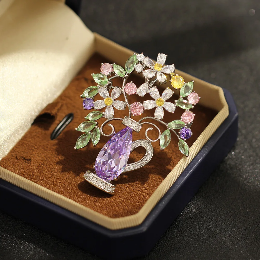 OKILY Luxury Colored Amethyst Vase Flower Brooch Retro Zircon Bouquet Pins Dress Suit Banquet Corsage Accessories for Women