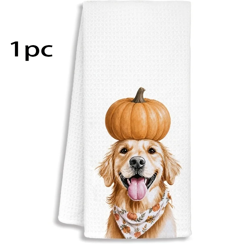 1Pc/2pcs Golden Retriever Pumpkin Towel Decoration - Golden Retriever Printing Suitable for Kitchen, Farmhouse Hand Towel