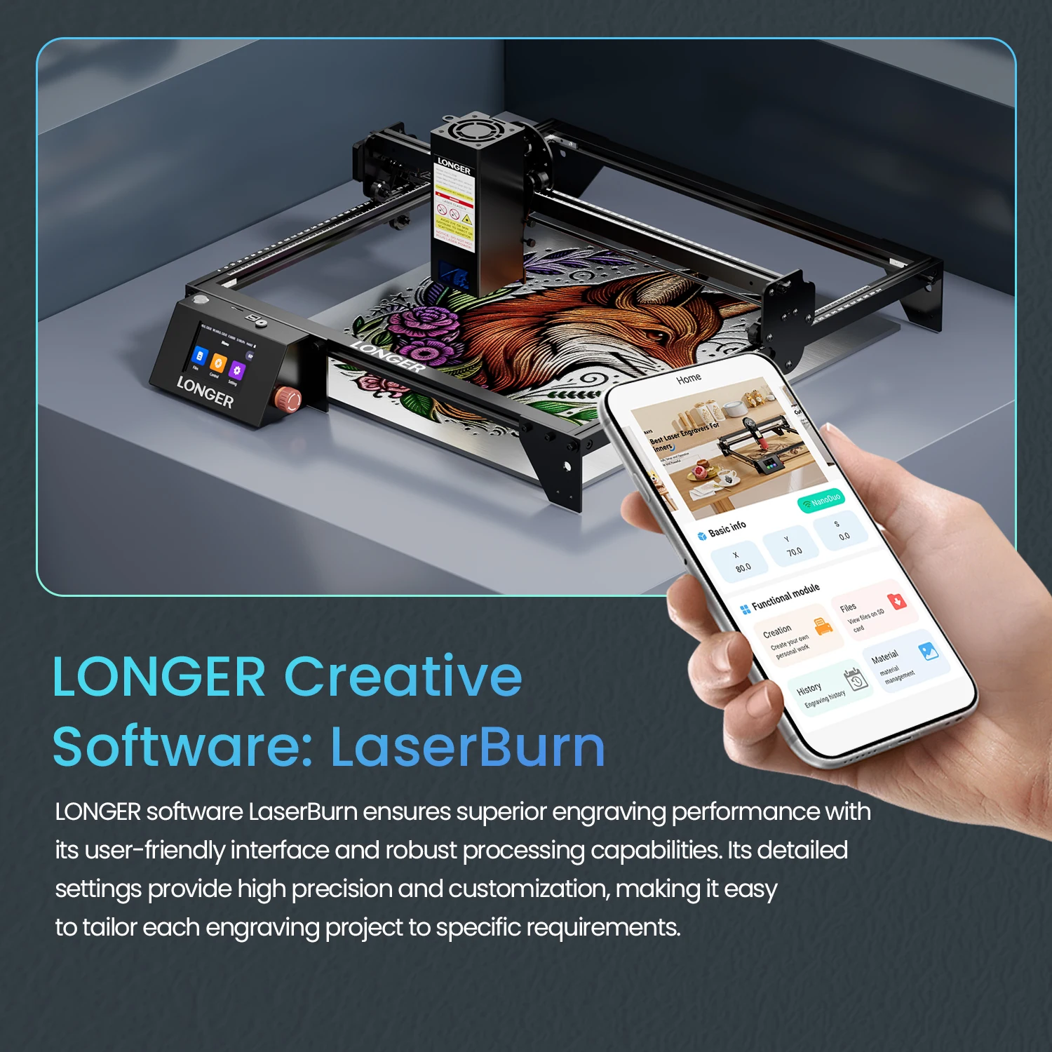 LONGER RAY5 20W Lasergravierer, 375 x 375 mm Arbeitsbereich, 0,08 x 0,1 mm Laserpunkt, WLAN, 32-Bit-Chipsatz, Touchscreen, Laserschneider für Holz, Acryl, Leder & Metall – Detail 4