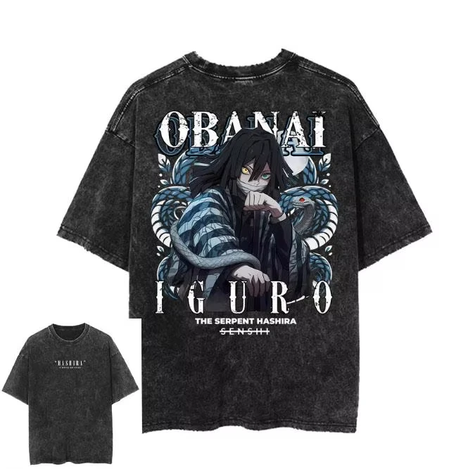Anime Demon Slayer T Shirt Iguro Obanai Tshirt Men Women Clothes Vintage Washed Streetwear Short Sleeve Cotton Loose