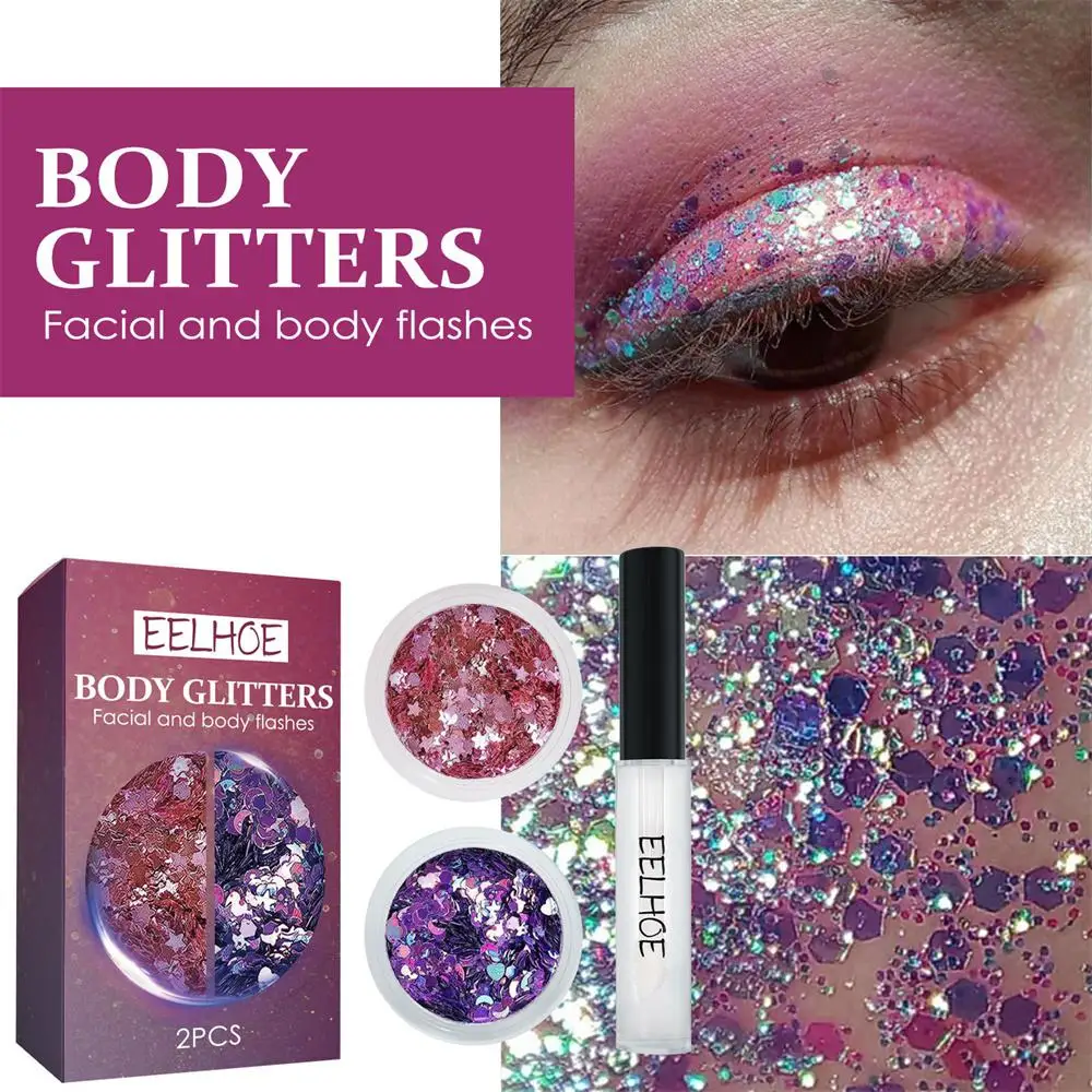 2Pcs Glitter Sequins+Glue Makeup Set Shining Tattoo Gel Shimmer Decoration Sequins Gel for Facial Body Painting Hair Nail Makeup