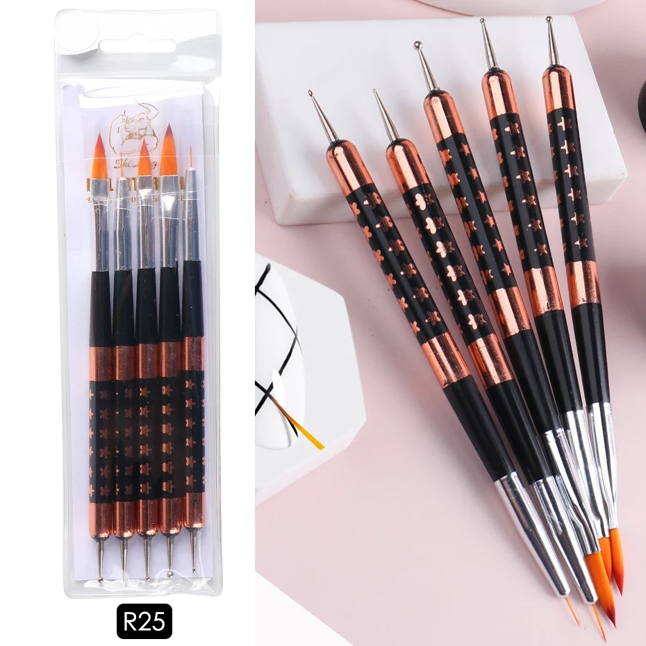 ダブルヘッド付きネイルブラシセット,5個のマニキュア用ブラシのセット,コーティングされたパッド付きのプロの液体アクリルパウダーシェービングツール