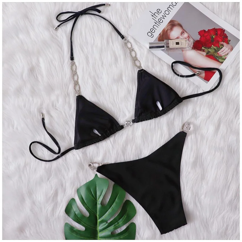 Fashion Women Luxury Black Halter Bikini Rhinestone Diamond Chain Swimsuit Two Piece Bikini