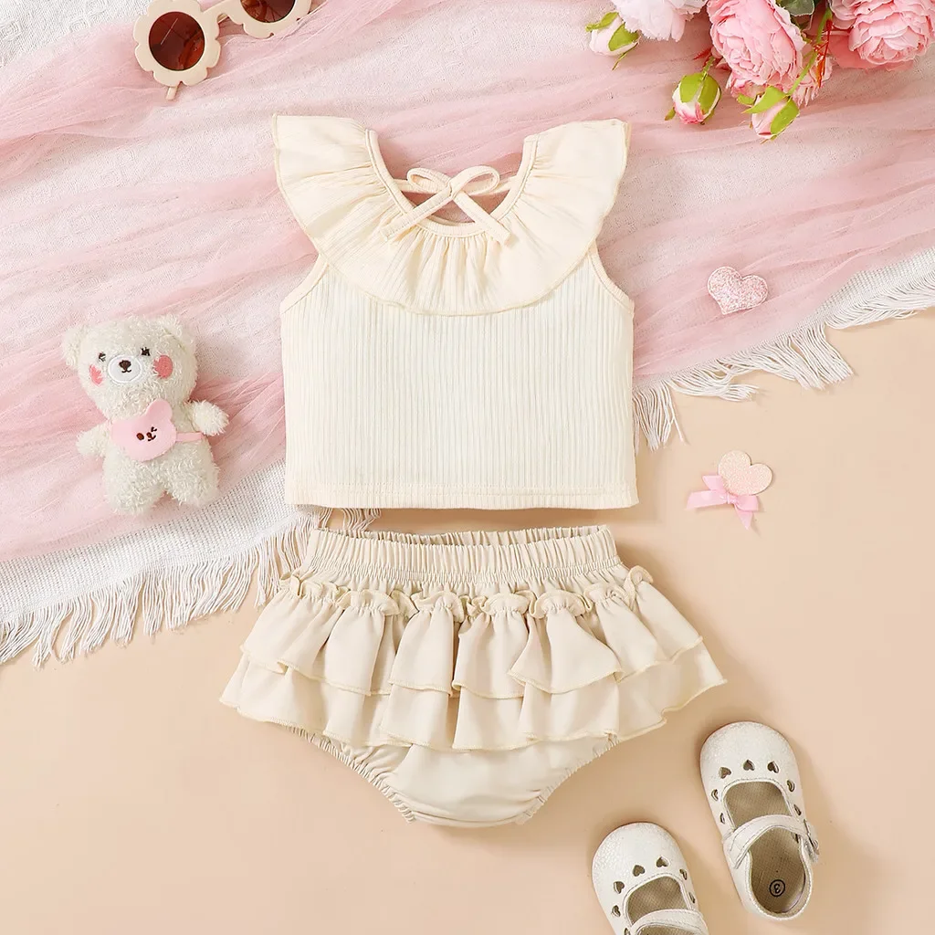 

2PCS Clothing Sets Toddler Girl Plain Color Ruffle Sleeveless Ribbed Top with Tiered Skirt Daily Wear for Baby Girl 0-3 Years
