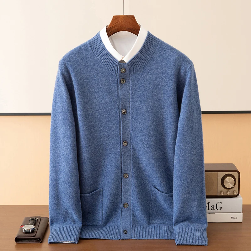 

Autumn Merino Wool Knitted Men's Cardigan Solid Color Button Pocket Long Sleeve Round Neck Sweater Casual Soft High Quality Top