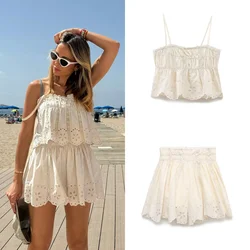 PB&ZA Women's Summer New Fashion Versatile Solid Color Sleeveless Embroidered Sling Top High Waist Shorts Set