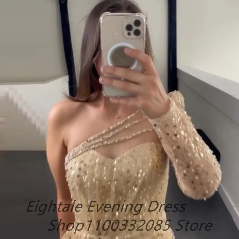 Customized Champagne Mermaid Sequin Evening Dress For Wedding Party Formal One Sleeve Sexy Slit Prom Dress Dubai Party Gown