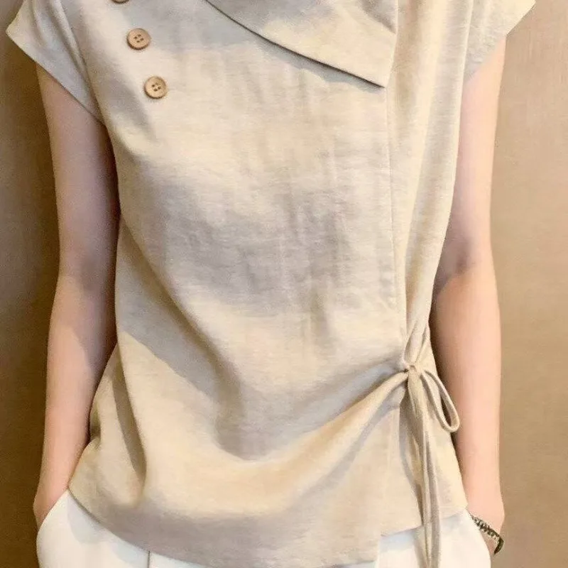 Blouses Women Irregular Vintage Pure Color Lady Summer Fashion Lace-up All-match Chic Elegant Basic Korean Style Soft Clothing