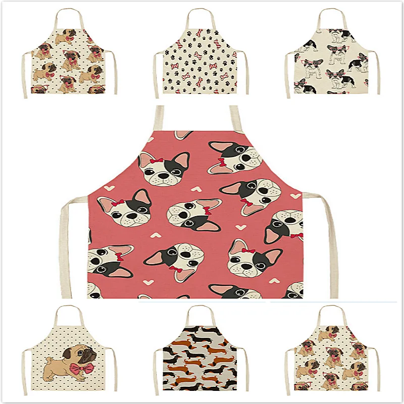 Cotton Linen BullDog Dog Print Kitchen Aprons Unisex Dinner Party Cooking Bib Funny Pinafore Cleaning Apron Delantal Cocina