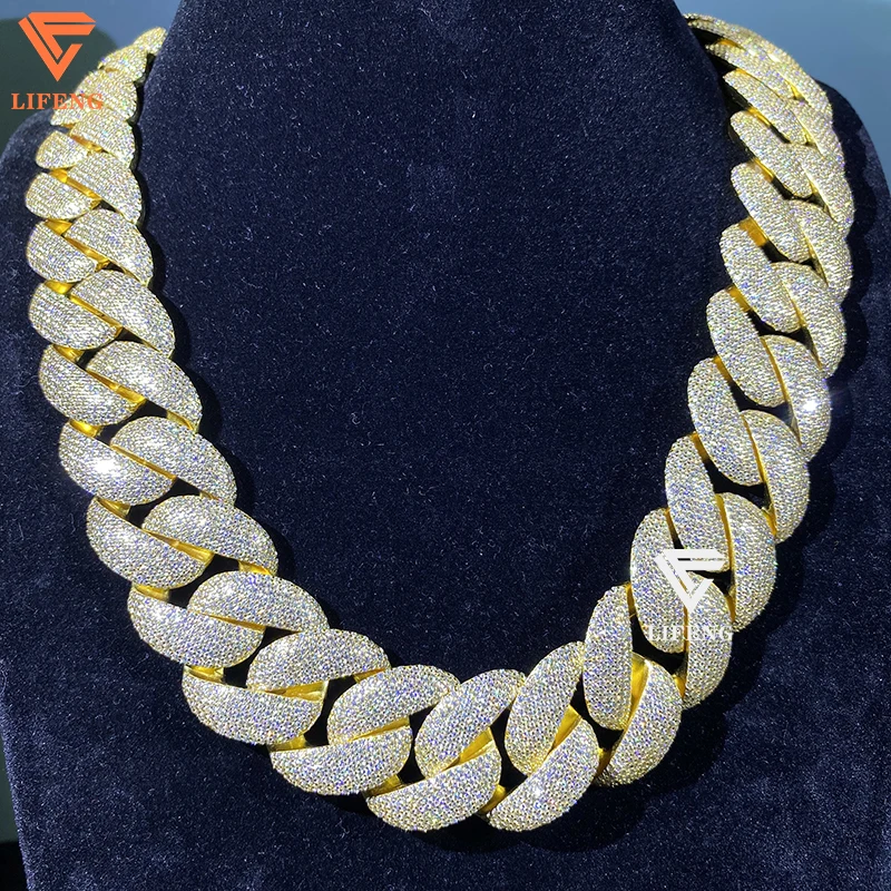 

Lifeng Jewelry 25mm 7rows Solid Silver 18k Gold Plated VVS Moissanite Miami Cuban Link Chain Iced out Hiphop Men Cuban Necklace