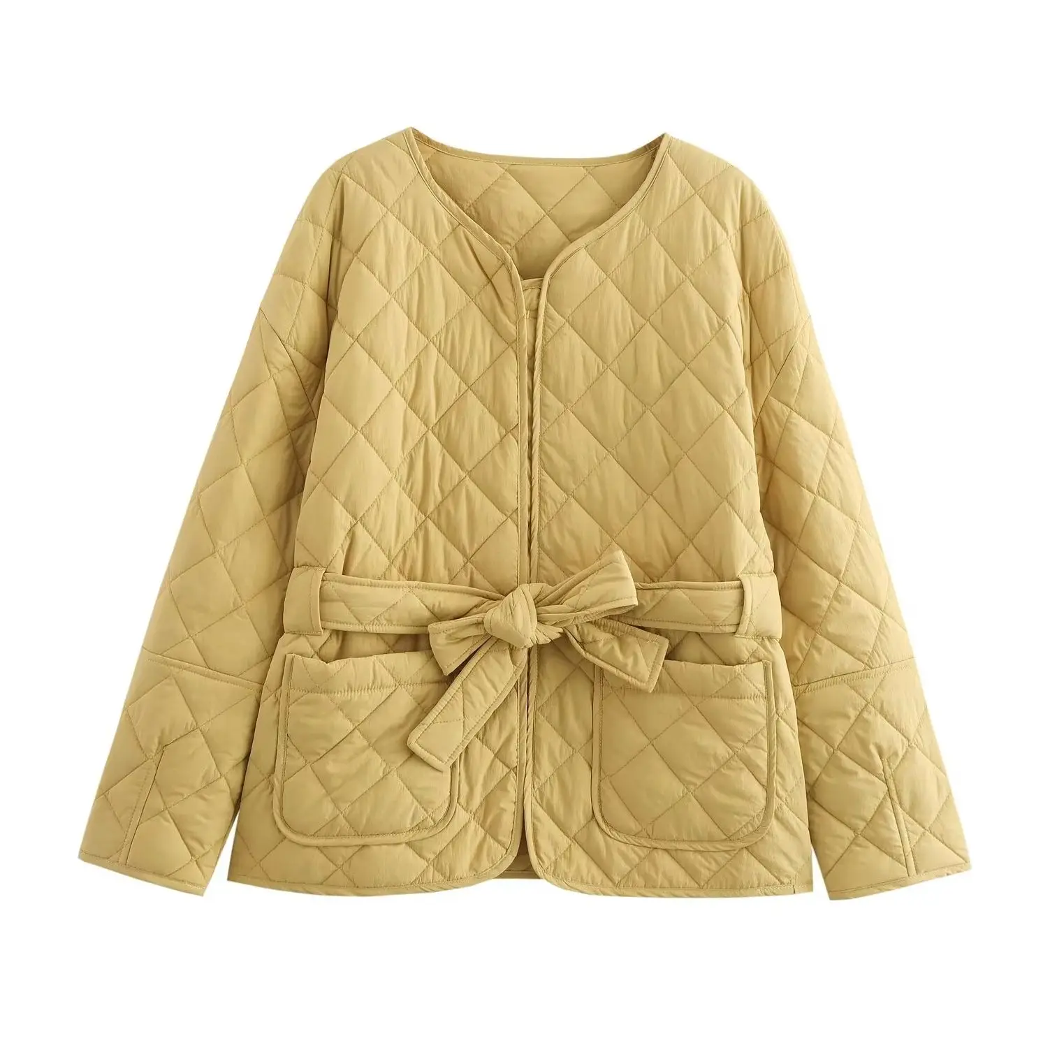 KONDALA 2024 Women Autumn Winter Casual Solid Jackets Sashes Quilted Loose Coat Vintage Lace-up Bow Fashion Jackets For Women