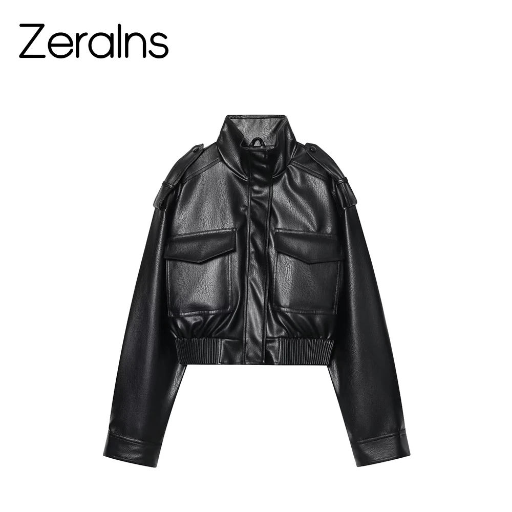 แจ็คเก็ตหนังสไตล์อเมริกันแบบสปายเกิร์ล ทรงเข้ารูปเล็กกระทัดรัด แขนสั้น กระเป๋าใหญ่ คอตั้ง แบบนักบิน