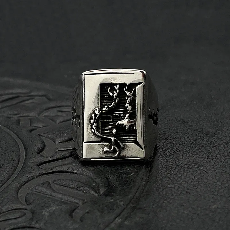 

S925 Sterling Silver Vintage Embossed Ring Men's Domineering Seal Ring