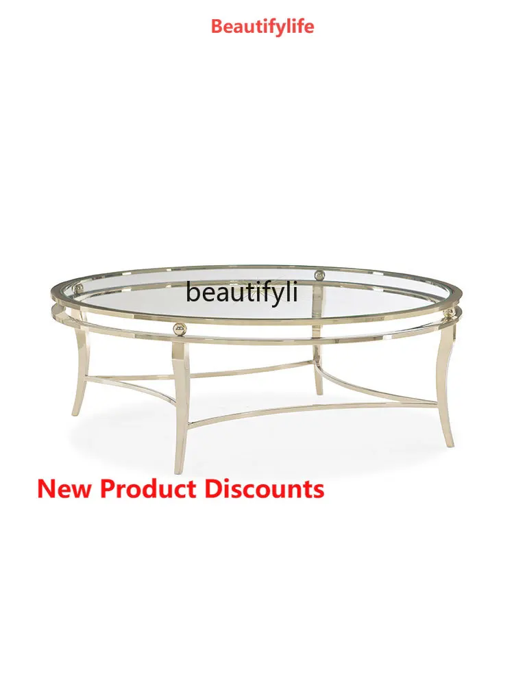 

A15 American Light Luxury round Glass Coffee Table Modern Simple Stainless Steel Short French Large round Coffee Table