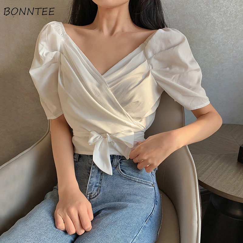 Shirts Women Solid V-neck Puff Sleeve French Style Elegant Lady Lace-up New Designers Slim Sweet Girlish College Tops Female Ins