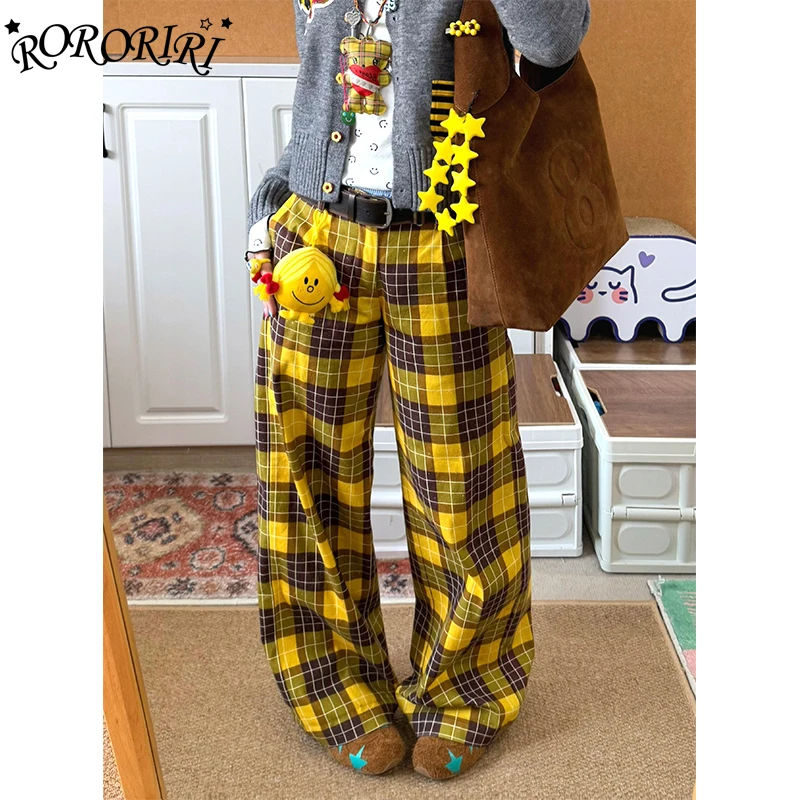 

RORORIRI желтые клетчатые широкие брюки в стиле ретро для женщин, красочные брюки с высокой талией, свободные прямые повседневные брюки Harajuku Gyaru