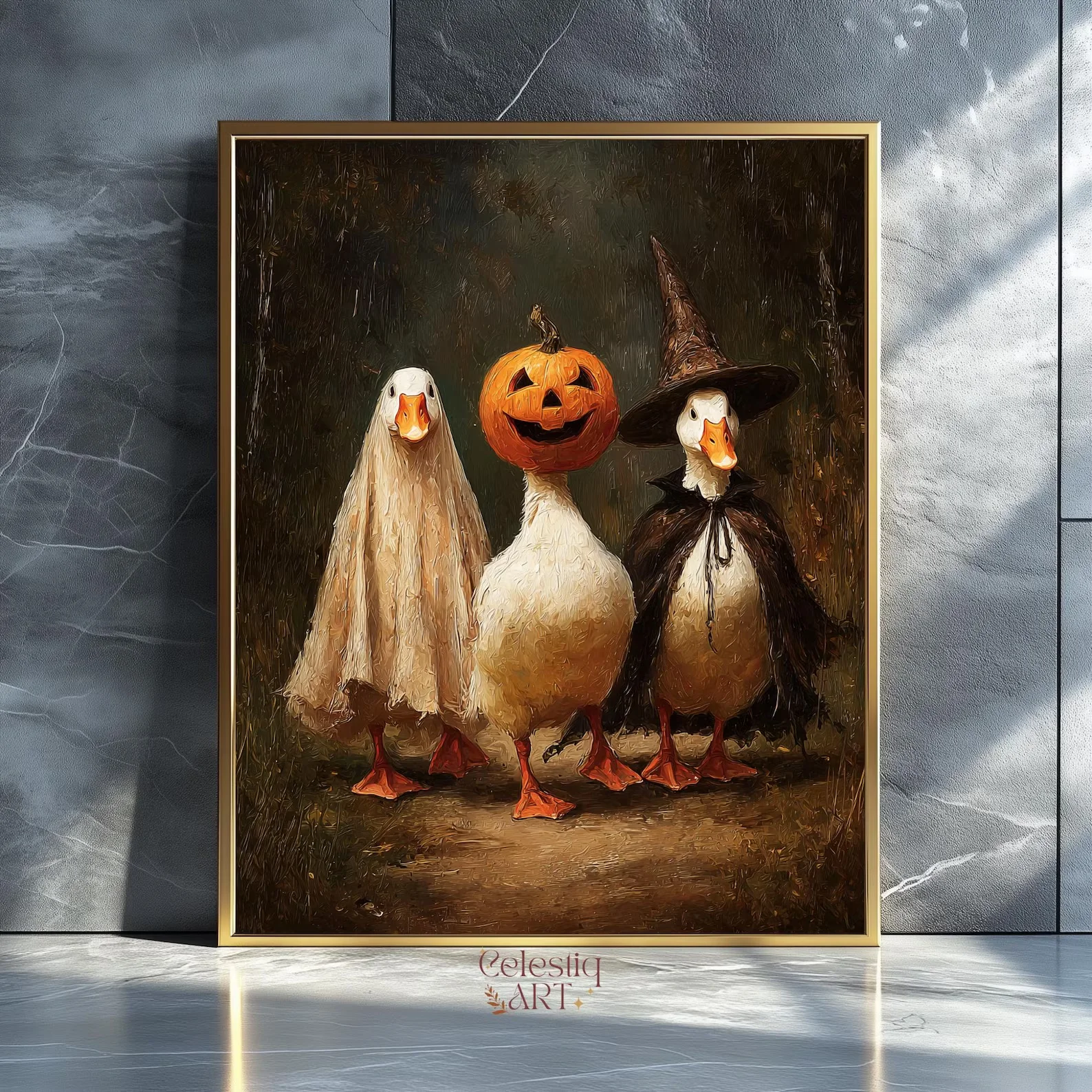 Halloween-Gans-Kunstdruck, süße Halloween-Wandkunst, gruselige Tier-Digitalkunst, druckbare Herbstdekoration, lustiger Hexengeist-Kürbis G