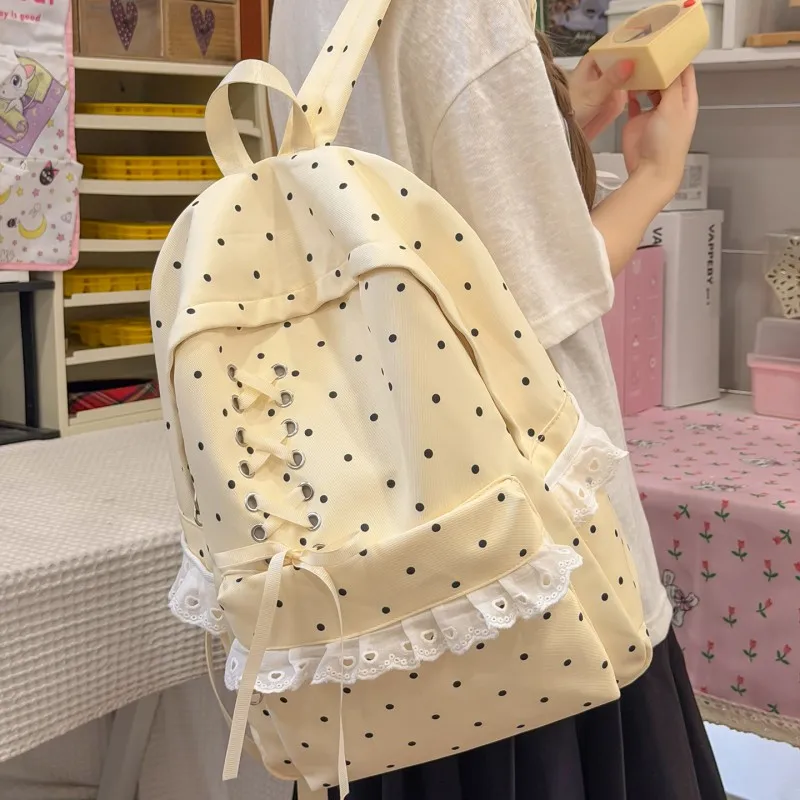Trendy Dot Pattern Bag Large Capacity Multi Pockets Bowknot Daypack Cute Lightweight Backpacks Travel Carrying Package