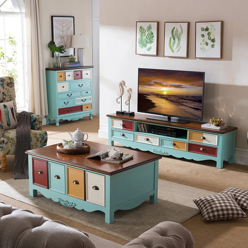 Coffee table TV combination Solid wood floor Living room furniture Blue audio-visual complete