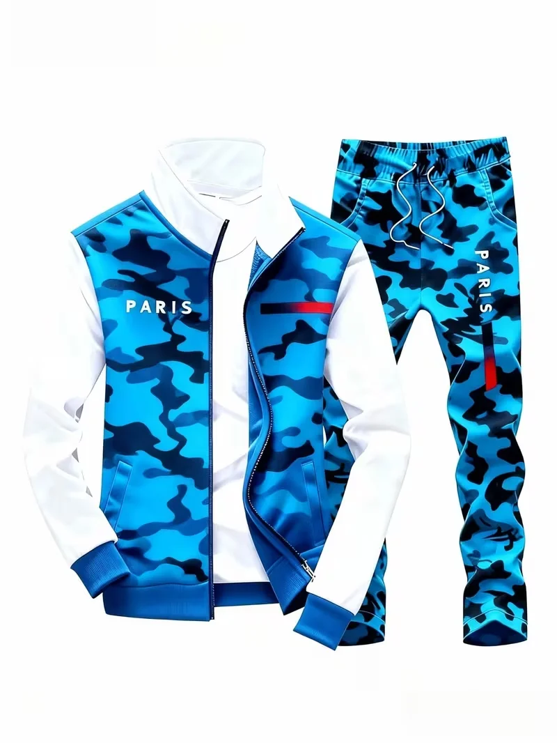 Fashion Men Geometric Pattern Sport Outfit Stand Neck Zip Coat With Drawstring Sweatpants Multi‑color Choice Outdoor Jogging Wor