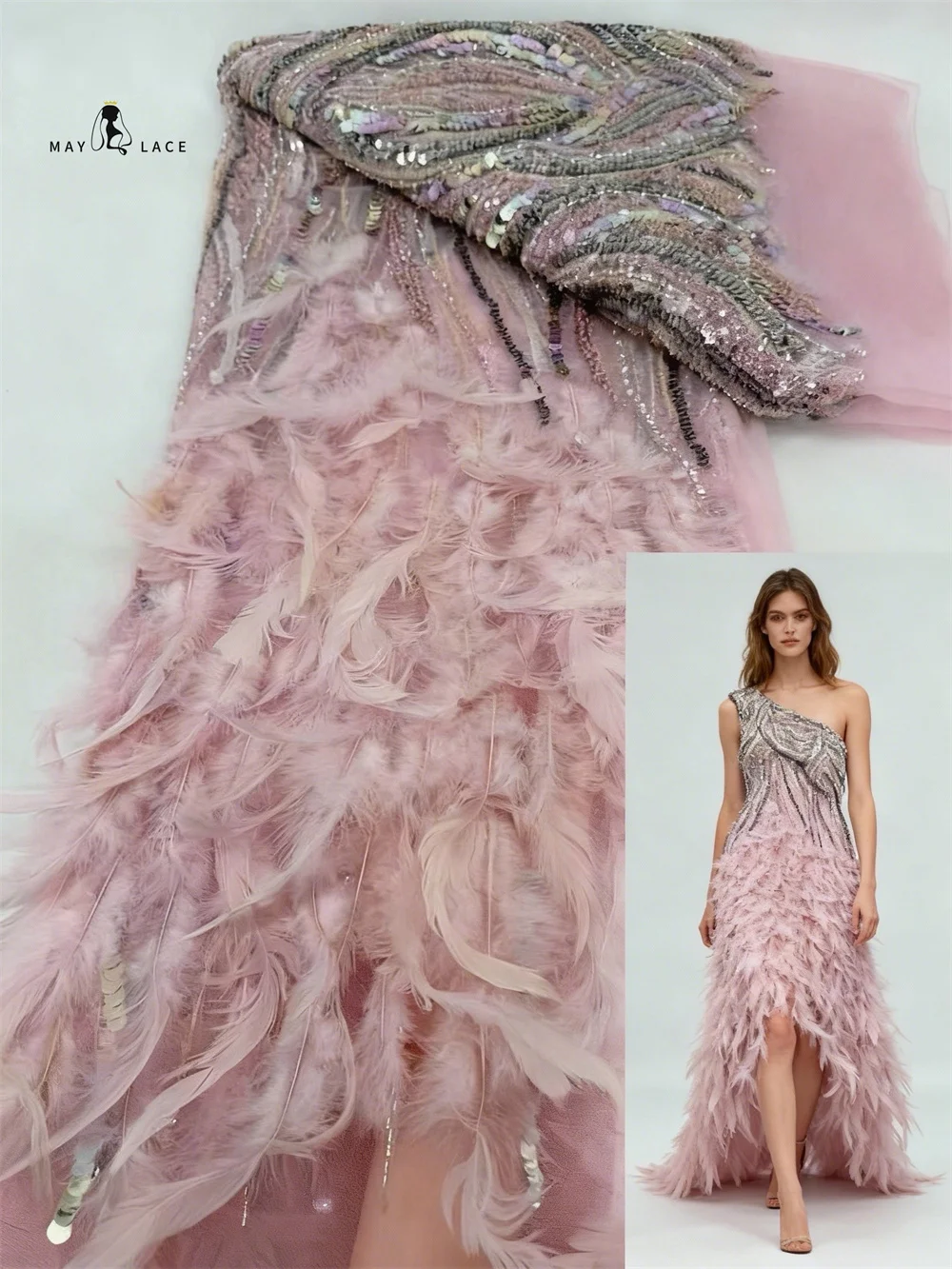 

African 3D Feather Sequin 2026 Latest Hot On Sale African French Party Lace Fabric Tulle Nigerian Beads Fabric For Wedding Dress