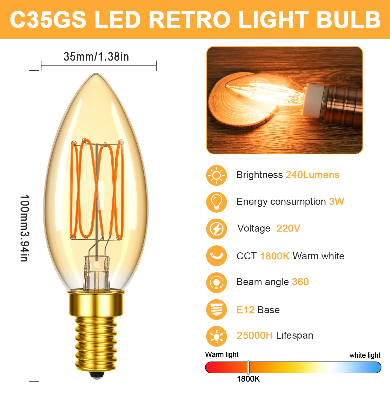 

Светодиодная лампа-филамент C35 E14 в винтажном стиле Эдисона, 3 Вт, теплый белый свет 1800K, 220В, для домашнего декора, замена подвесных ламп