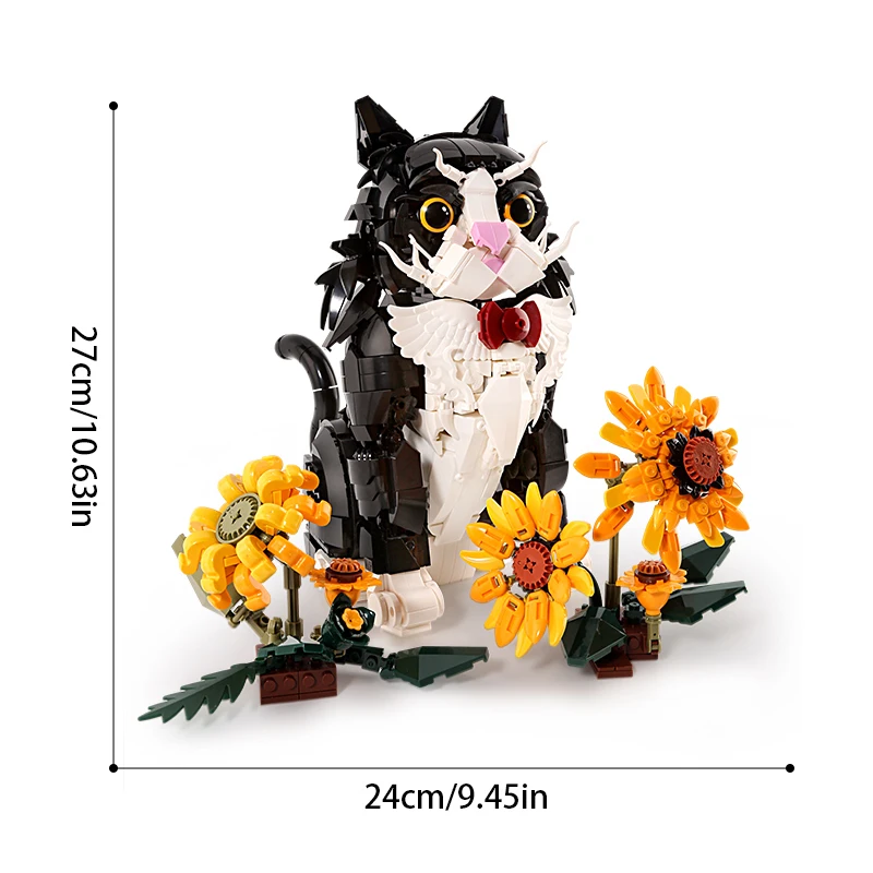 اللباس الأسود القط الحيوانات الأليفة اللبنات عباد الشمس ديكور المنزل نموذج تجميع لعبة الأطفال هدية عيد ميلاد لمحبي القطط #6