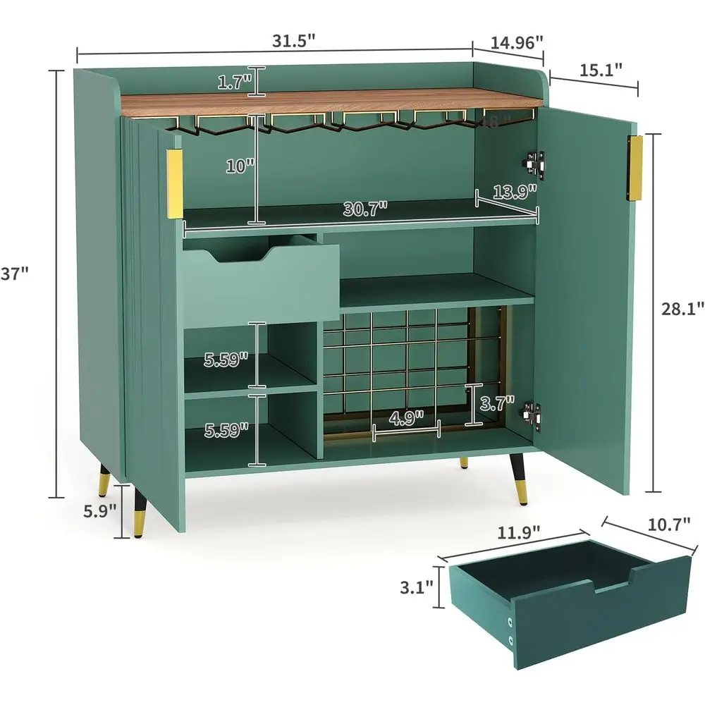 Green Small Sideboard: Wine Rack, Glass Holder, Storage for Dining or Living Room