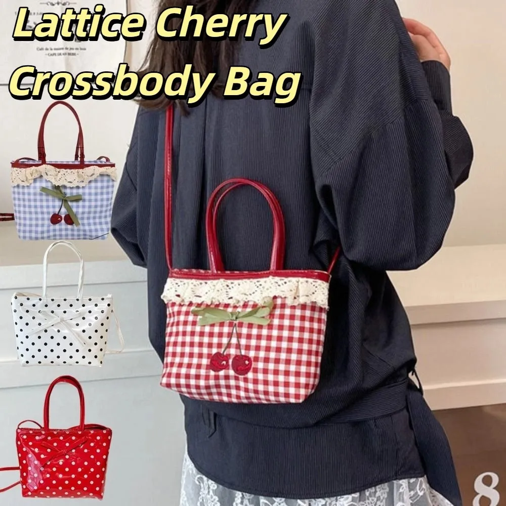 

Portable Polka Dot Lattice Cherry Handbag Lovely Bowknot Lace Plaid Handbag Commuting Leisure Sweet Crossbody Bag Outdoor