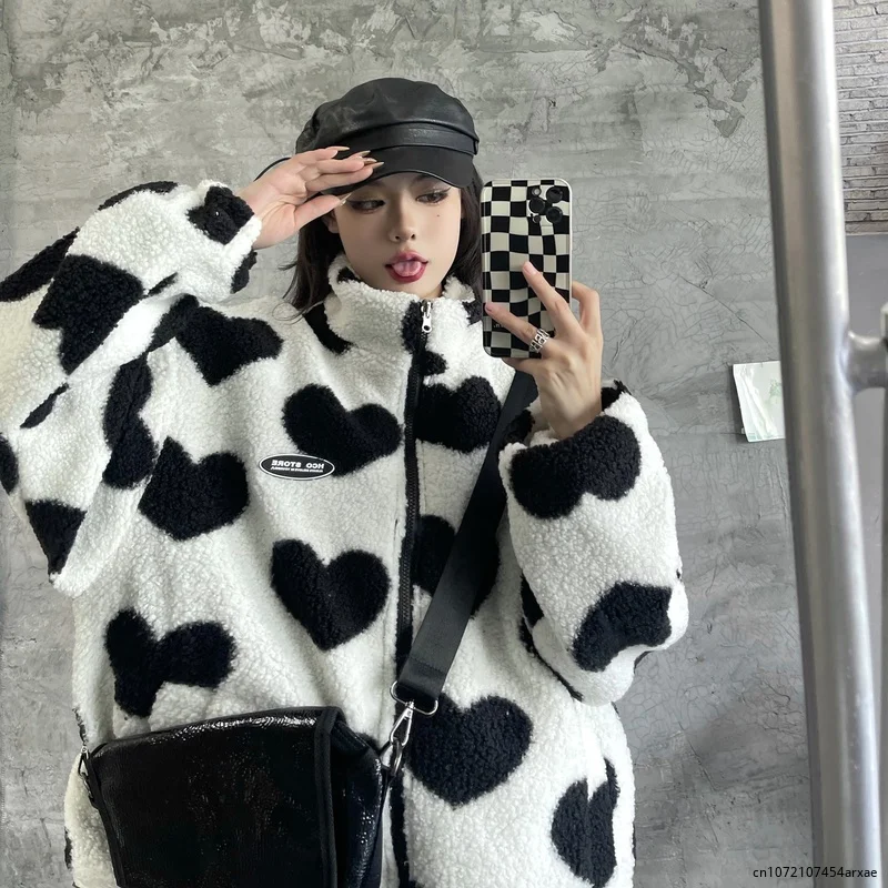 2023 Wear On Both Sides Thicked Lamb Wool Coats Autumn Winter Korean Loose Heart Print Jackets Harajuku Simple New Parkas Tops