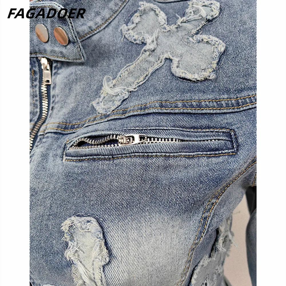 FAGADOER Fashion Denim Embroidery Shorts Two Piece Sets Women Zipper Long Sleeve Coat And Shorts Outfits Female Cowboy 2pcs Suit