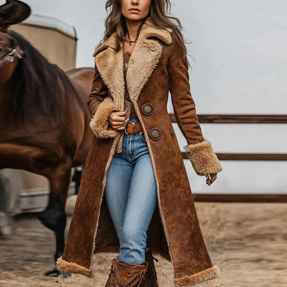 Women Brown Suede Long Windbreaker Plush Western Lapel Fluffy Trimmed Winter Outerwear Keep Warm Single-Breasted Lapels Coats