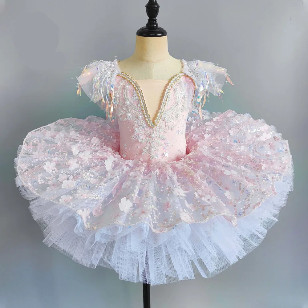 Ballerina Princess Party Costume Kids Sequin Flower Dress Girls Dance Wear Gymnastic Ballet Leotard Platter Pancake Tutu Dress