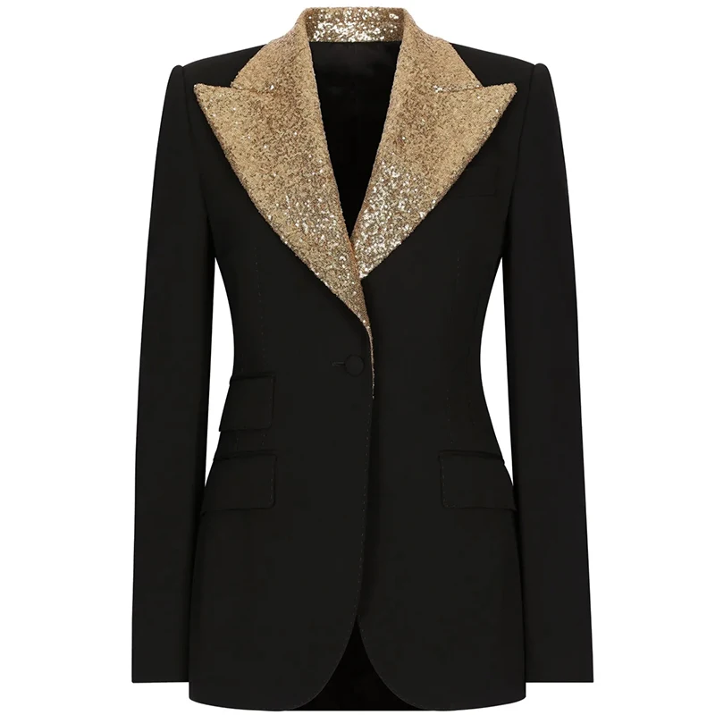 

2026 New Designer Women's Black Blazer Gold Sequin Lapel Elegant Formal Party Jacket Office Wear Traf