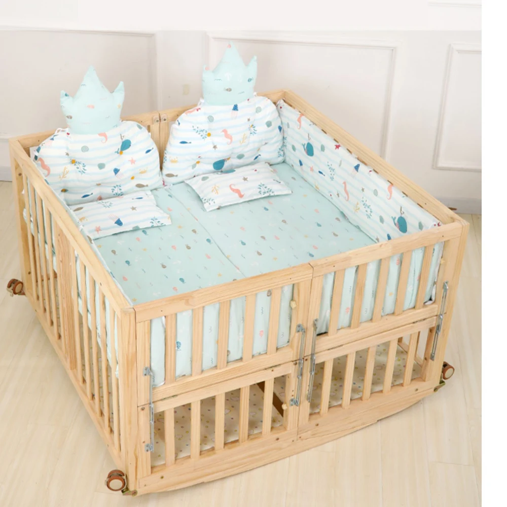 Twins Crib Splicing Big Bed, Newborn BB Cradle, Double Children Cot Convertible Twin Crib