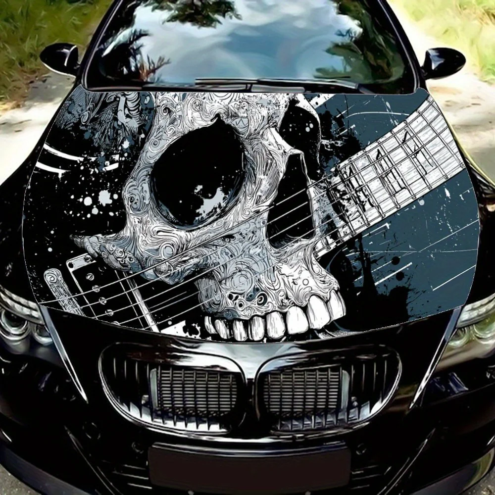 

Guitar & Skull Car Vinyl Wrap, PVC Waterproof Car Hood Sticker, Self-Adhesive Scratch-Resistant Stickers for Engine Cover, Car D