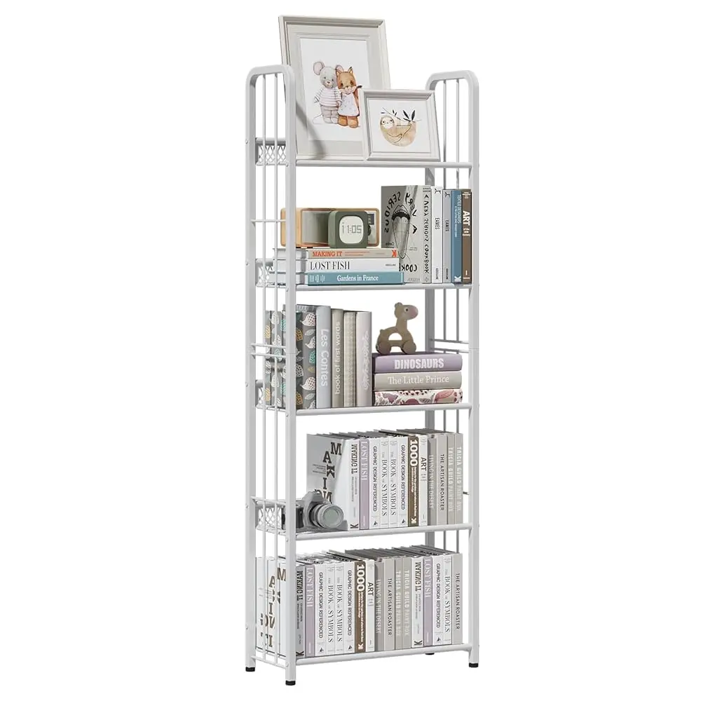 

White 5 Tiers Tall Bookshelf, Industrial Storage Shelf, Multifunctional Narrow Bookcase, Display Standing Shelf Units For