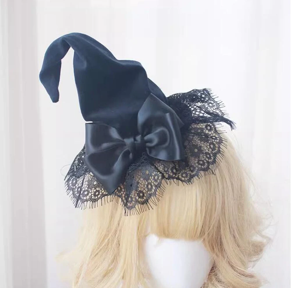 Lace Witch Pointed Hats Bandage Bow Wizard Hat Hair Clip Gothic Lolita Cosplay Costume Accessories Halloween Party Hat