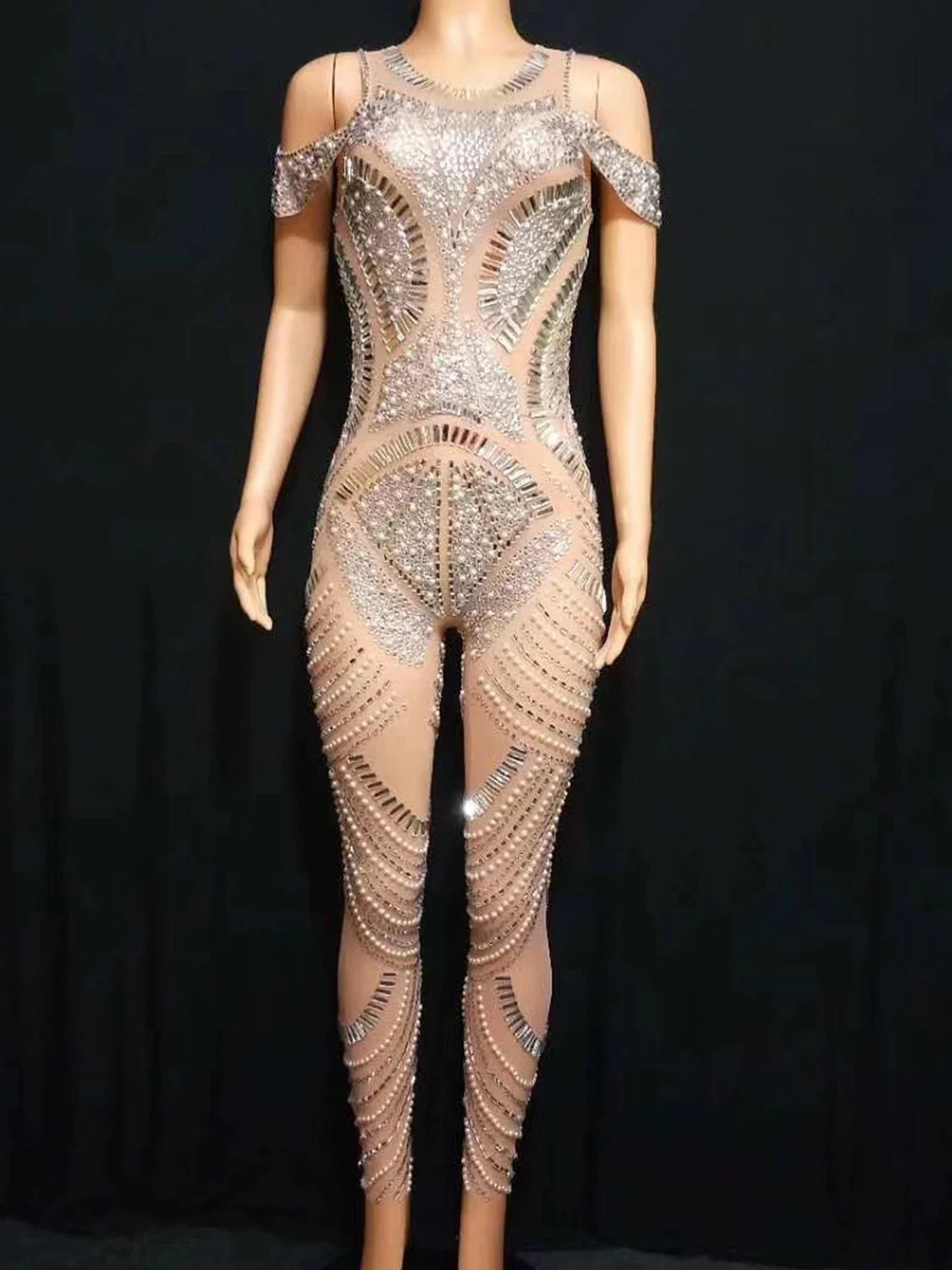 

Shining Diamond Pearls Sequin Women Jumpsuit Tight Stretch Nude Long Sleeve Bodysuits Nightclub Pole Dancing Performance Costume