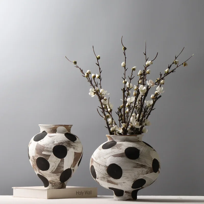 Wabi-sabi old ceramic vases Japanese vintage creative hand-painted polka dot flower decorative designer soft spot vases