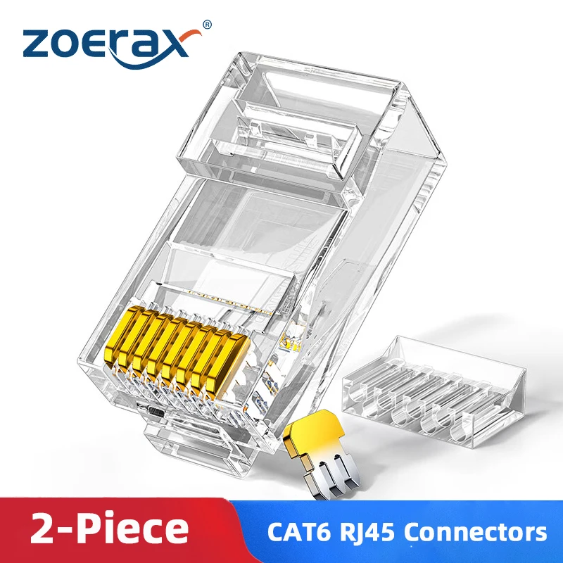 ZoeRax 50PCS Dwuczęściowe złącza Cat6 RJ45, Cat 6 2-częściowe końce RJ 45, wtyczka UTP 8P8C Ethernet do kabla Cat6 Cat5e