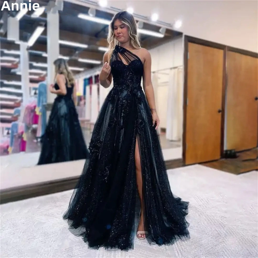 Annie Off-the-shoulder Tulle Prom Dressess Shiny Side Slits Cocktail Custom Evening Dress Navy Blue 2024 Vestidos De Noche